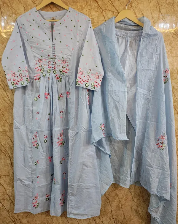 Powder_Blue_color_Cotton_Heavy_Floral_Embroidered_A_Line_Suit