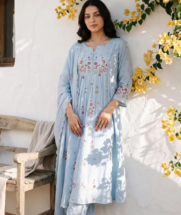 Powder_Blue_color_Cotton_Heavy_Floral_Embroidered_A_Line_Suit