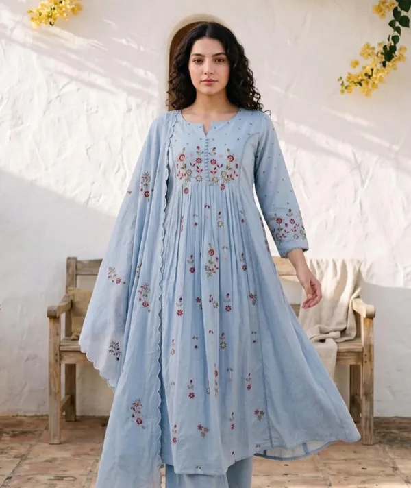 Powder_Blue_color_Cotton_Heavy_Floral_Embroidered_A_Line_Suit