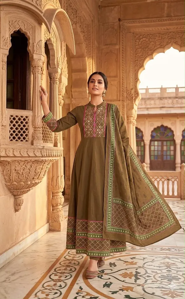 Premium_Brown_Color_Cotton_12_Kali_Anarkali_Set_with_Dupatta