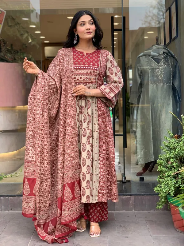 Premium_Cotton_Maroon_Color_Kurti_Pant_Dupatta_Set