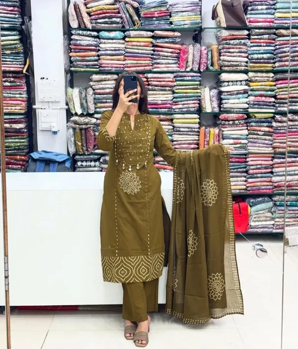 Premium_Green_Color__Cotton_Kurti_Pant_Dupatta_Set