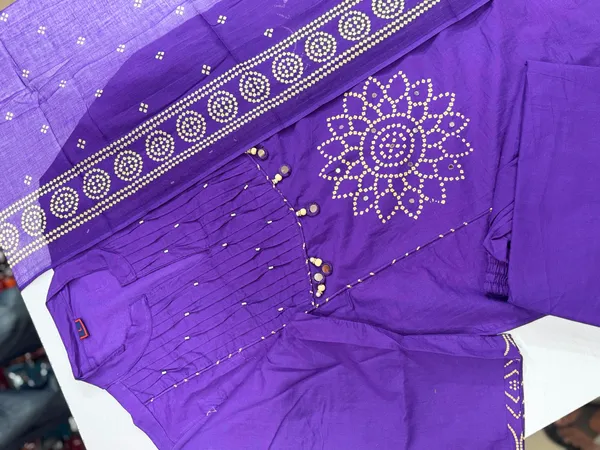 Premium_Purple_Color_Cotton_Kurti_Pant_Dupatta_Set