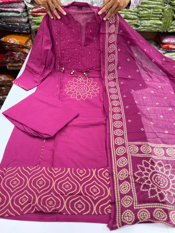 Premium_Rani_Color_Cotton_Kurti_Pant_Dupatta_Set