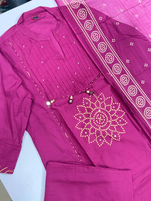 Premium_Rani_Color_Cotton_Kurti_Pant_Dupatta_Set
