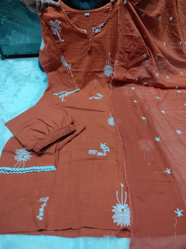Rust_Orange__Cotton_Full_Embroidered_Kurta_Set_with_Cotton_Slub_Pant