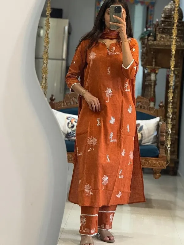 Rust_Orange__Cotton_Full_Embroidered_Kurta_Set_with_Cotton_Slub_Pant