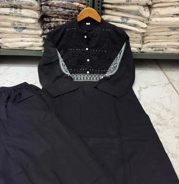 Pure_Cotton_Black_Color_Stylish_Kurti_With_Bottom_Set