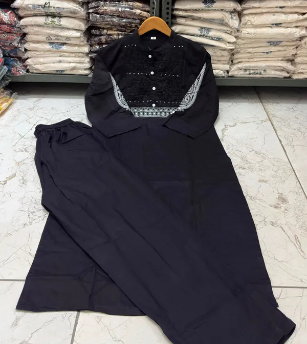 Pure_Cotton_Black_Color_Stylish_Kurti_With_Bottom_Set