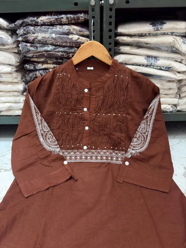Pure_Cotton_Brown_Color_Stylish_Kurti_With_Bottom_Set