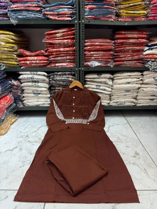 Pure_Cotton_Brown_Color_Stylish_Kurti_With_Bottom_Set