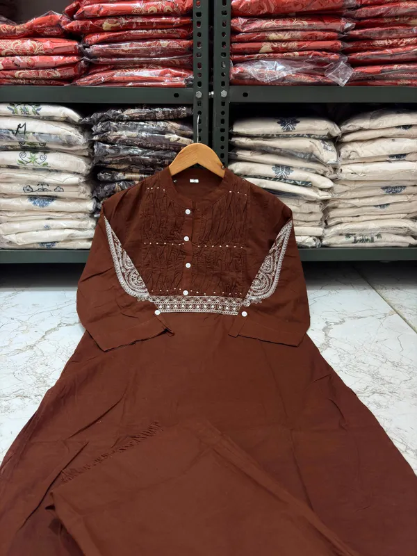 Pure_Cotton_Brown_Color_Stylish_Kurti_With_Bottom_Set