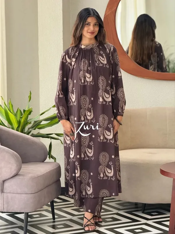 Pure_Cotton_Brown_Print_Kaftan_Styles_Kurti_with_Pant