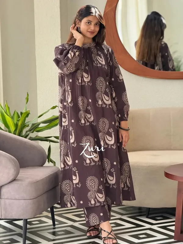 Pure_Cotton_Brown_Print_Kaftan_Styles_Kurti_with_Pant