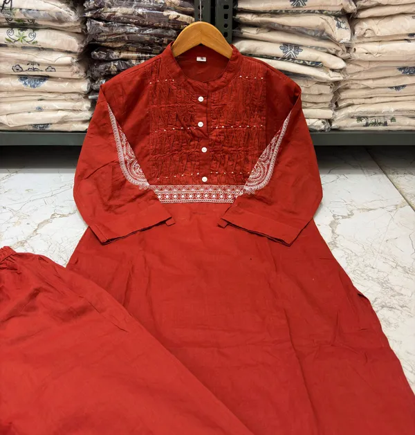 Pure_Cotton_Orange_Color_Stylish_Kurti_With_Bottom_Set