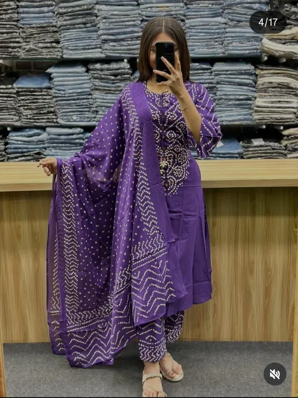 Purple_Printed_Bandhani_Cotton_Kurta_Pant_Dupatta_Set