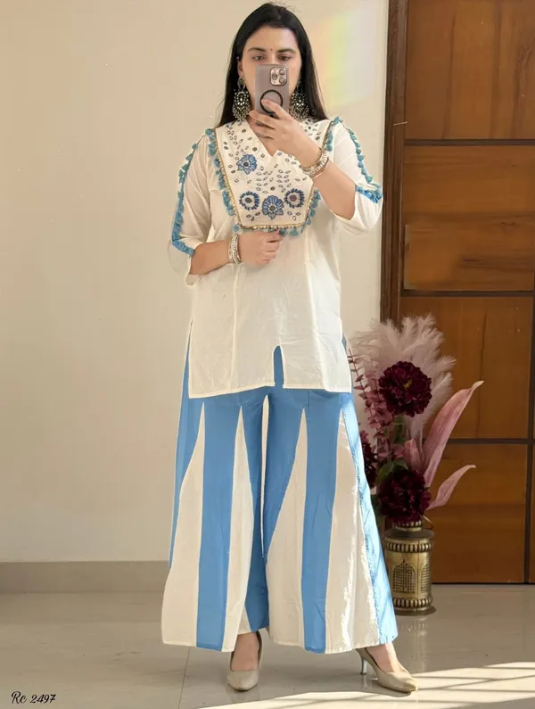 Stylish_Embroidered_Cotton_Kurta_with_Flared_Palazzo_Set