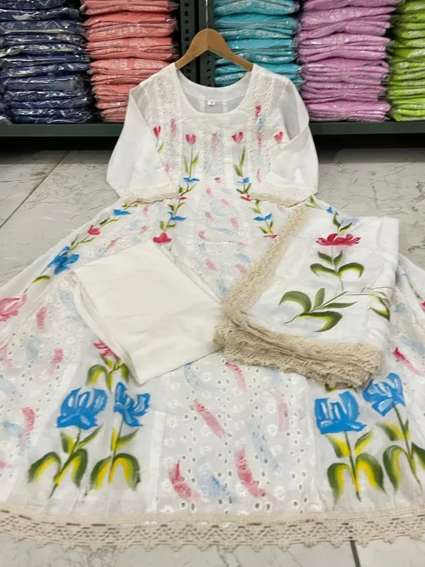 White_Chikankari_Anarkali_Kurti_Pant_Dupatta_Set