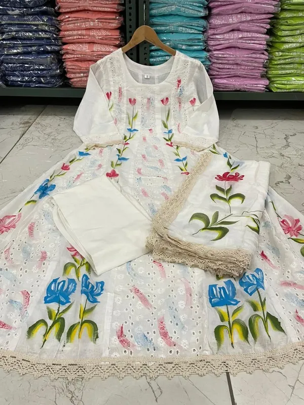White_Chikankari_Anarkali_Kurti_Pant_Dupatta_Set