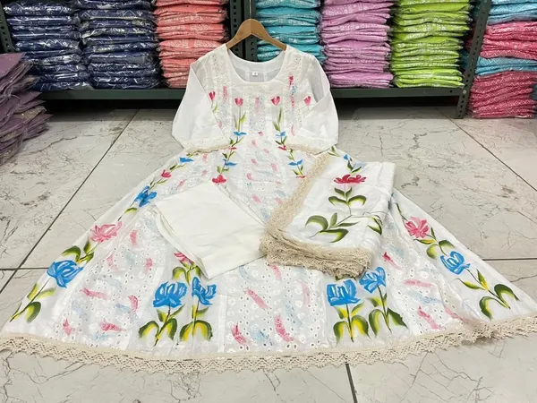 White_Chikankari_Anarkali_Kurti_Pant_Dupatta_Set