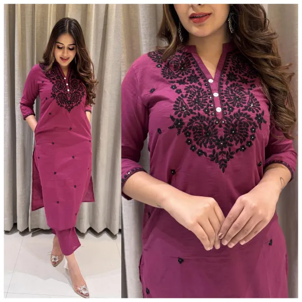 Wine_Color_Cotton_Embroidered_Kurta_&_Pant_Set