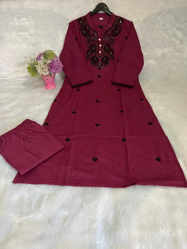 Wine_Color_Cotton_Embroidered_Kurta_&_Pant_Set