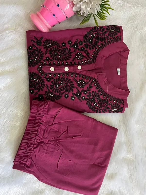 Wine_Color_Cotton_Embroidered_Kurta_&_Pant_Set