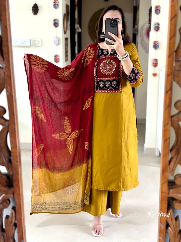 Yellow_Cotton_Embroidered_Kurta_With_Pant_&_Dupatta_Set