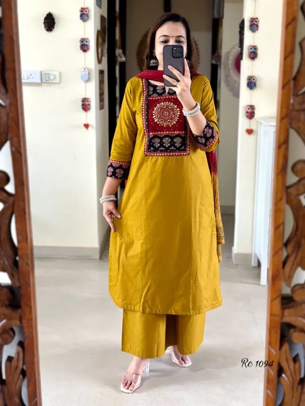 Yellow_Cotton_Embroidered_Kurta_With_Pant_&_Dupatta_Set