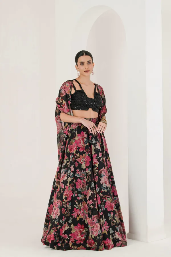 Black_Floral_Print_Lehenga_With_Cape