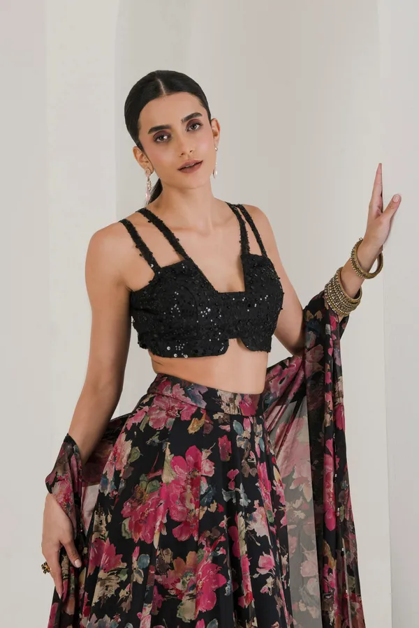 Black_Floral_Print_Lehenga_With_Cape