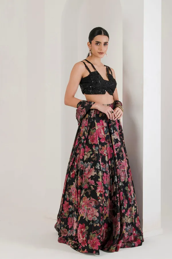 Black_Floral_Print_Lehenga_With_Cape