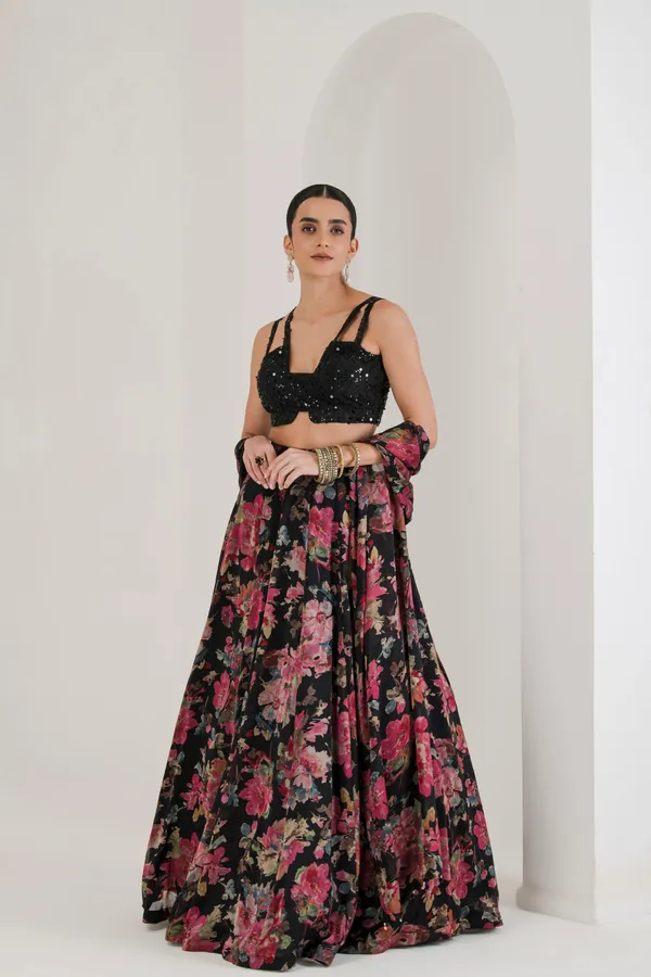 Black_Floral_Print_Lehenga_With_Cape