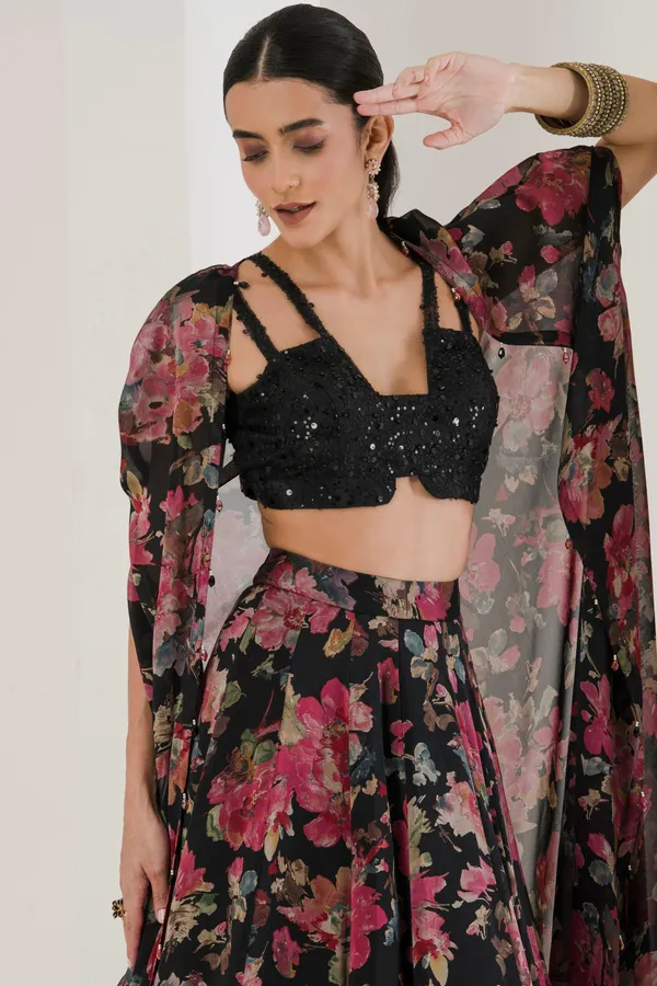 Black_Floral_Print_Lehenga_With_Cape