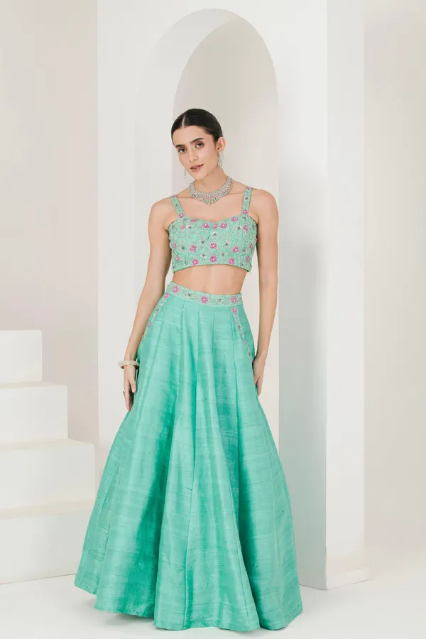 Sea_Green_Ruby_Pink_Hand_Embroidered_Raw_Silk_Lehenga
