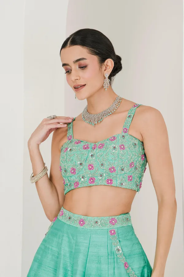 Sea_Green_Ruby_Pink_Hand_Embroidered_Raw_Silk_Lehenga