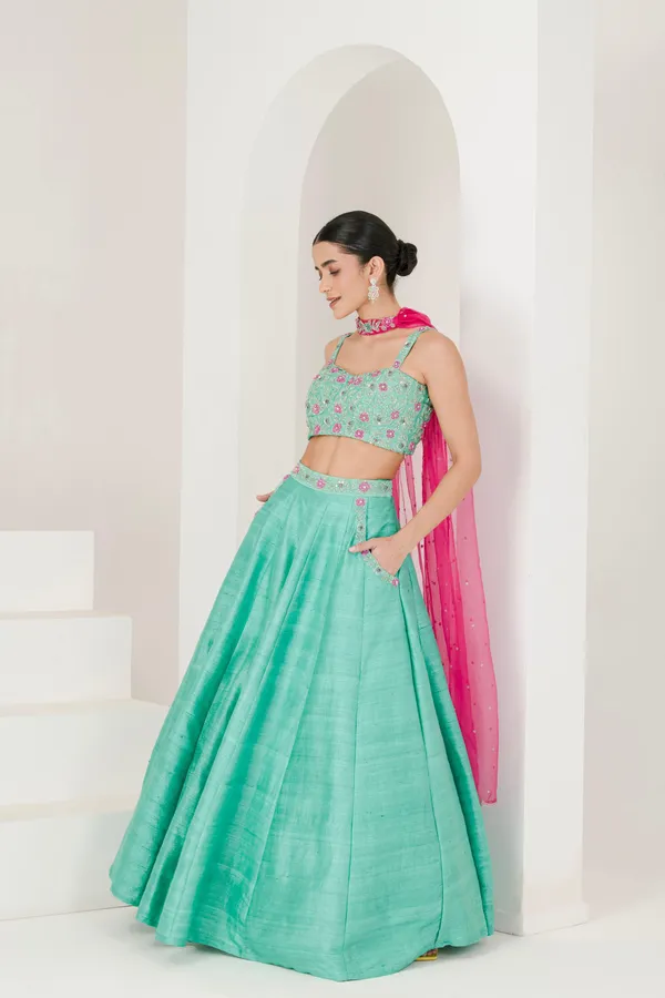 Sea_Green_Ruby_Pink_Hand_Embroidered_Raw_Silk_Lehenga