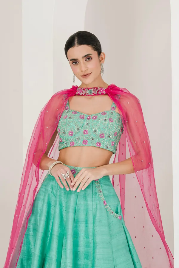 Sea_Green_Ruby_Pink_Hand_Embroidered_Raw_Silk_Lehenga