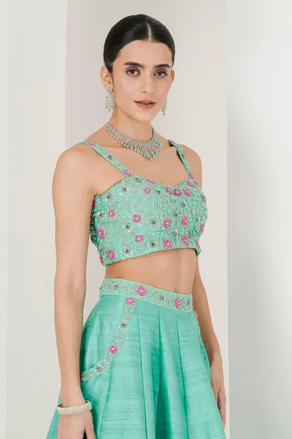 Sea_Green_Ruby_Pink_Hand_Embroidered_Raw_Silk_Lehenga