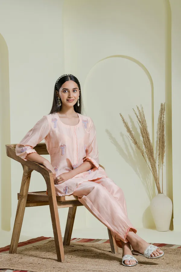 Peach_And_Lavender_Hand_Embroidered_Chanderi_Kurta_Set