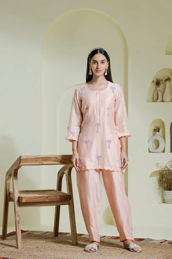 Peach_And_Lavender_Hand_Embroidered_Chanderi_Kurta_Set