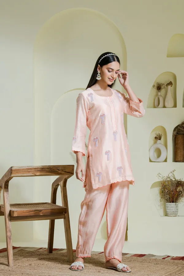 Peach_And_Lavender_Hand_Embroidered_Chanderi_Kurta_Set