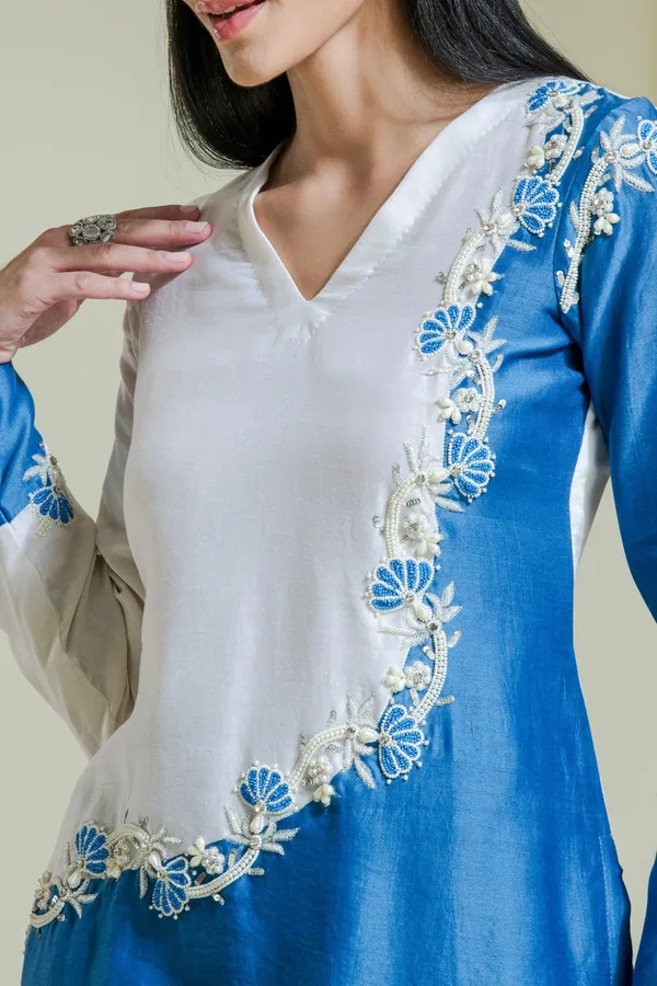 White_And_Blue_Hand_Embroidered_Chanderi_Kurta_Set