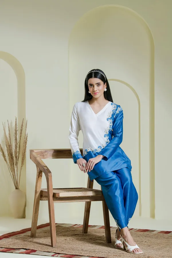 White_And_Blue_Hand_Embroidered_Chanderi_Kurta_Set