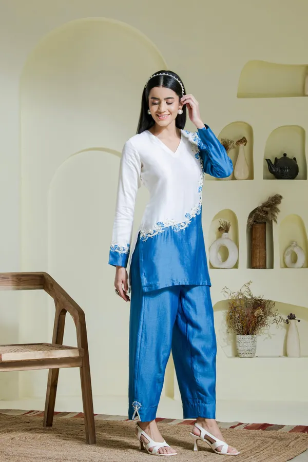 White_And_Blue_Hand_Embroidered_Chanderi_Kurta_Set