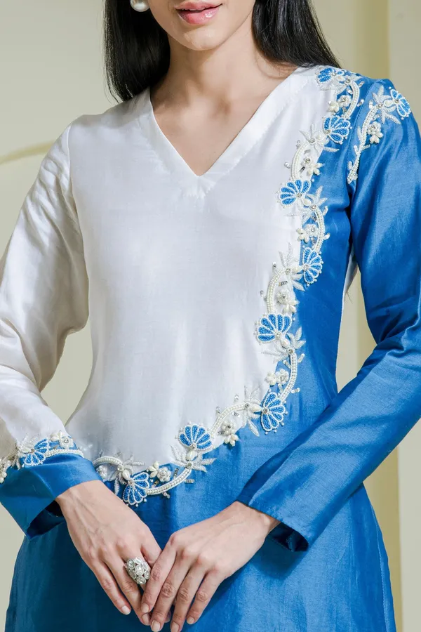 White_And_Blue_Hand_Embroidered_Chanderi_Kurta_Set