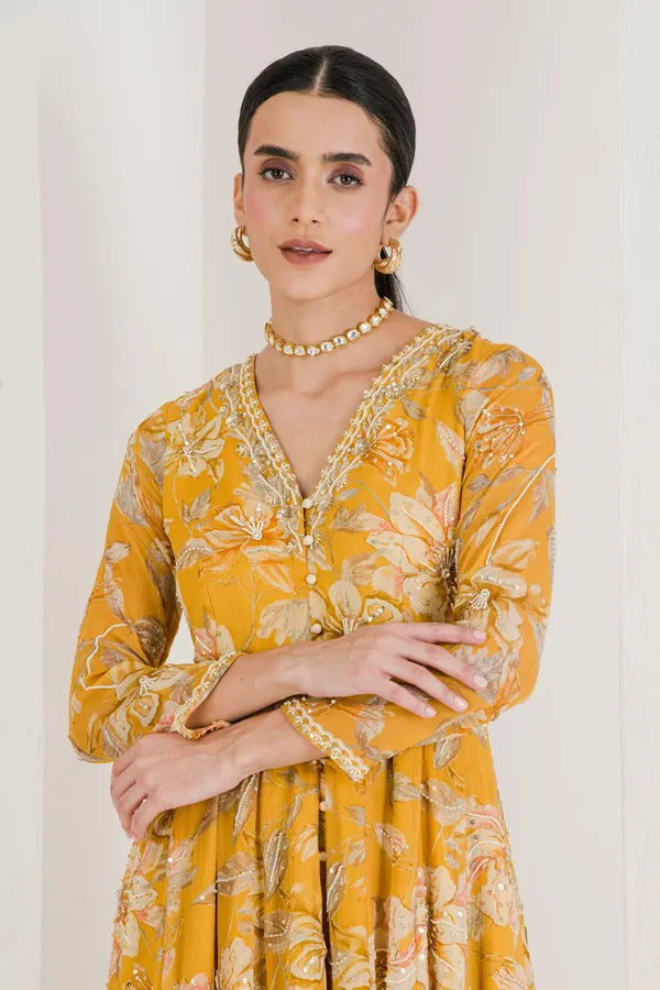 Yellow_Floral_Print_Hand_Embroidered_Anarkali