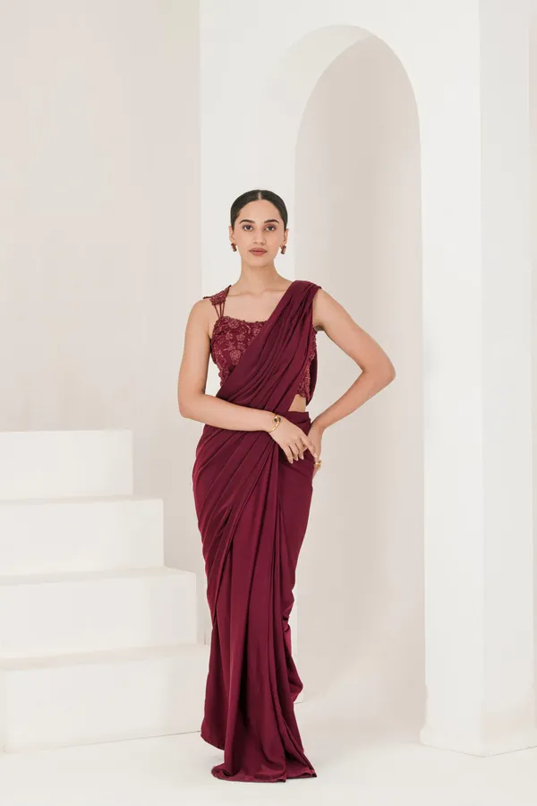 Wine_Hand_Embroidered_Pre_Stitched_Saree