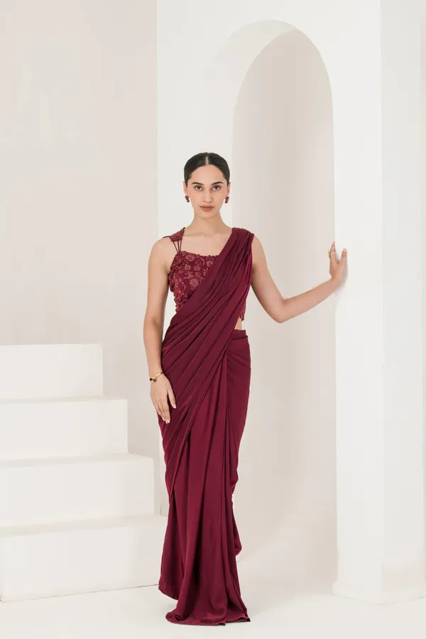 Wine_Hand_Embroidered_Pre_Stitched_Saree