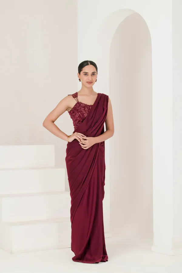 Wine_Hand_Embroidered_Pre_Stitched_Saree